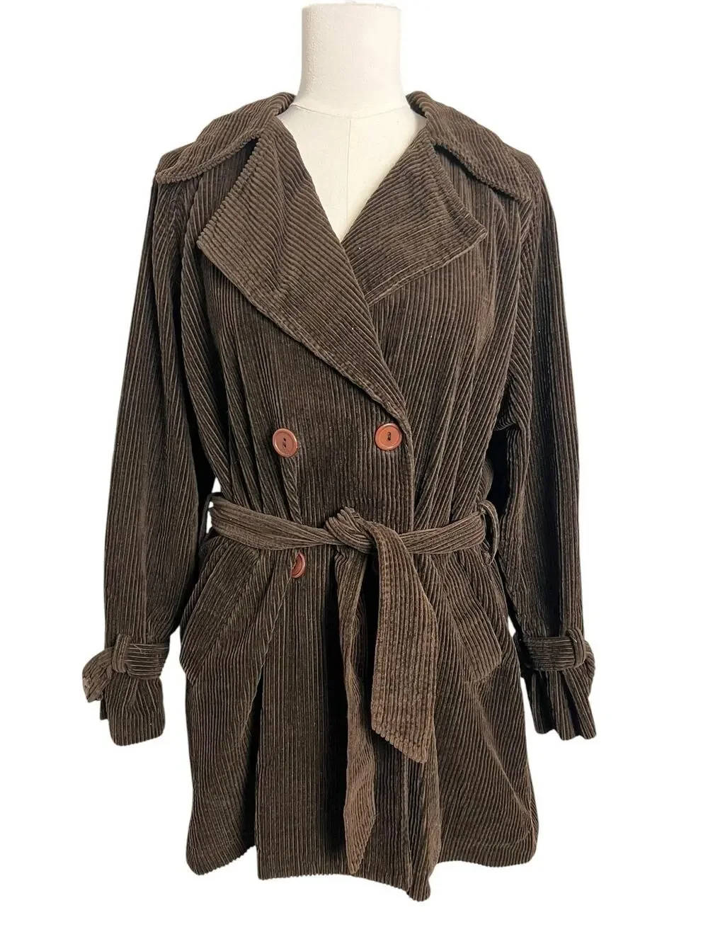 Sans Souci Trench Coat Womens Medium Brown Corduroy Belted Double Breast Jacket